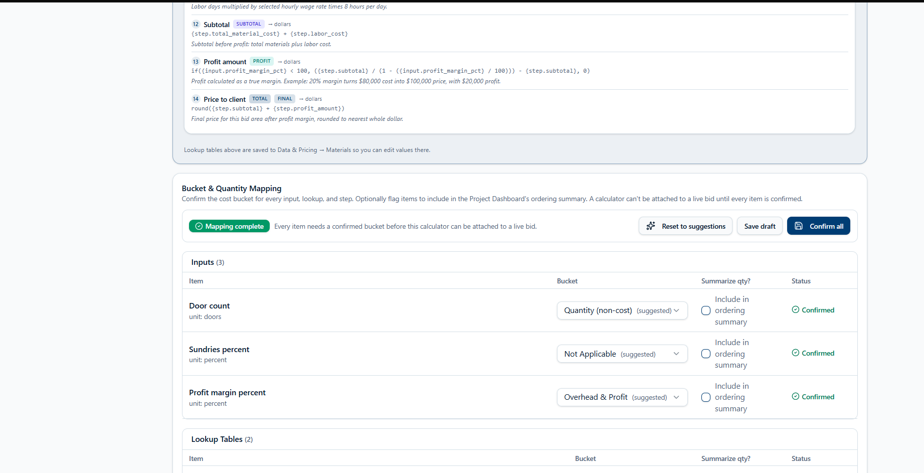 BidTrack bucket and quantity mapping screen showing each input confirmed to a cost bucket