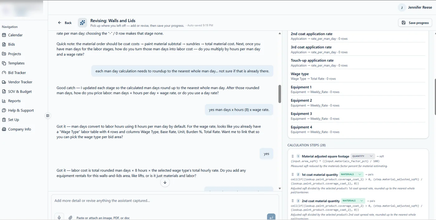 BidTrack AI interview in progress, discussing man-day rounding and wage-rate logic