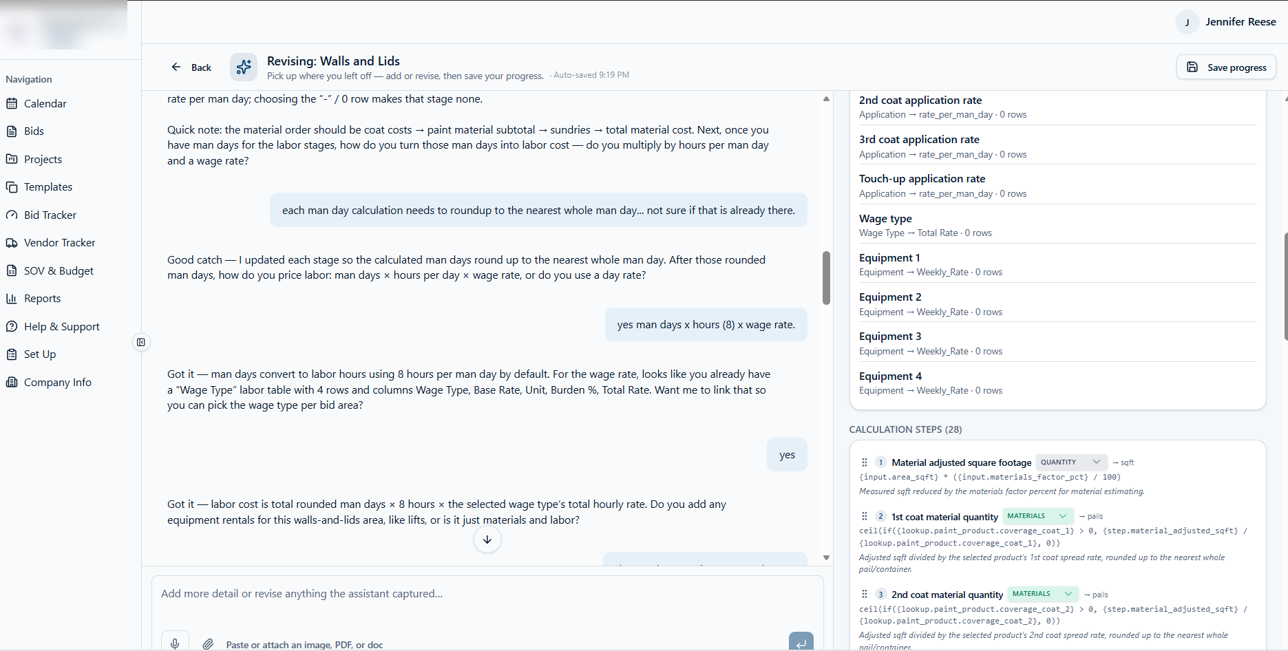 A BidTrack calculator interview in progress, discussing man-day rounding and wage-rate logic alongside captured calculation steps