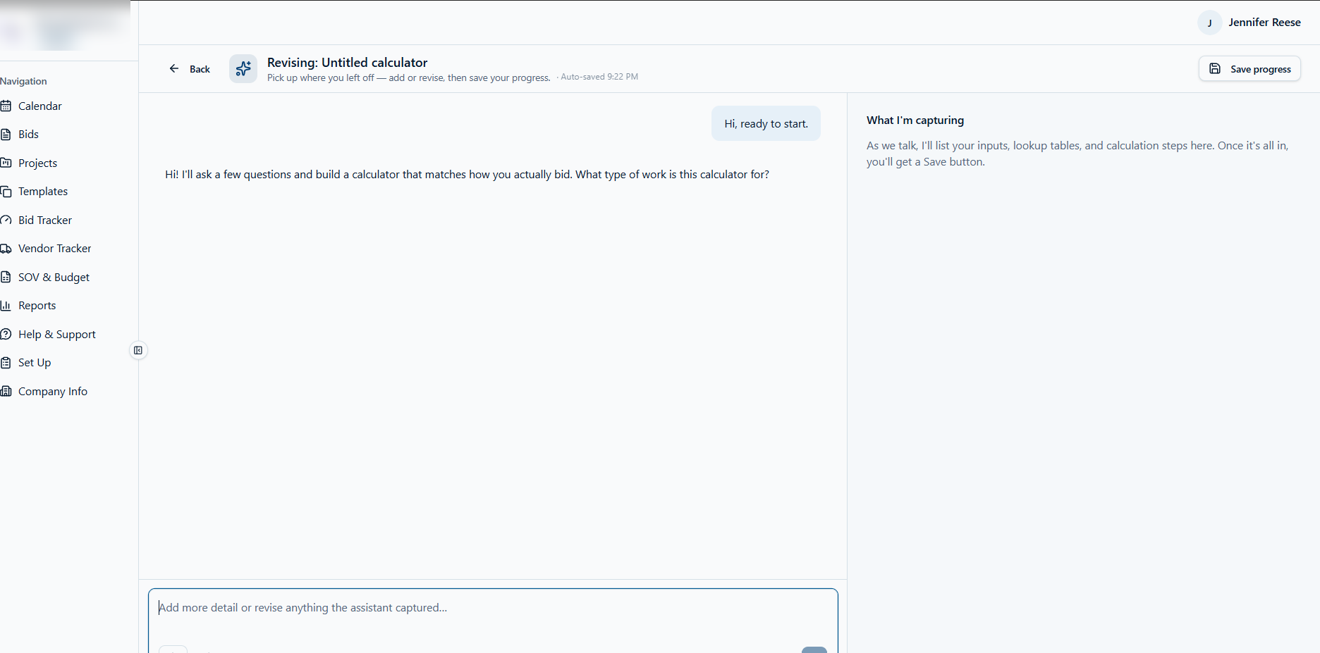 BidTrack AI calculator builder starting an interview by asking what type of work the calculator is for